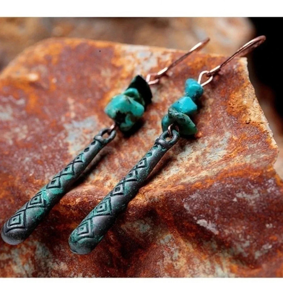 Turquoise Patina Earrings Natural Stone Dangle - Picture 10 of 10